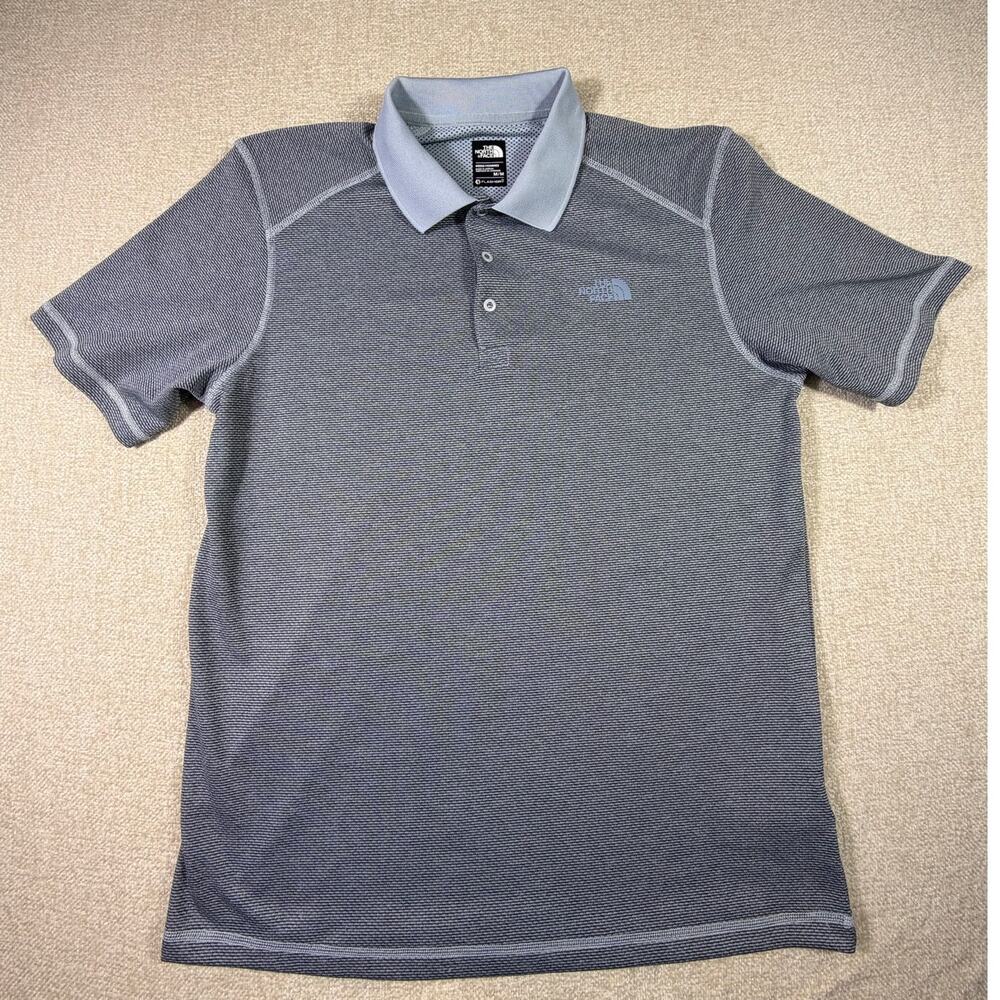 North Face Men Med Blue Gray Short Sleeve 3 Snap Button Polo Shirt Casual Wear